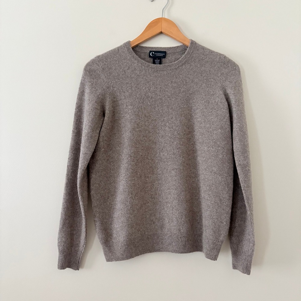 C by Bloomingdale's Sweater Cashmere L Taupe Crewneck Long Sleeve Knit Pullover